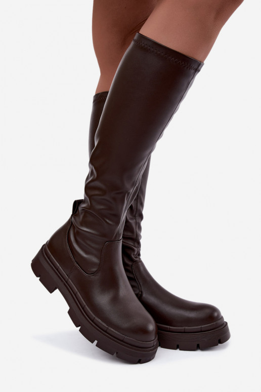 Damen kniehohe Stiefel mit Plateau aus Kunstleder CzekoladoĮe