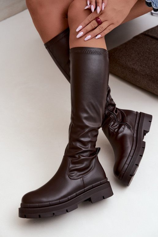 Damen kniehohe Stiefel mit Plateau aus Kunstleder CzekoladoĮe