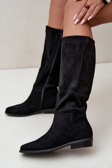 Damen kniehohe Stiefel mit niedrigem Absatz, gefüttert in schwarz Feretta