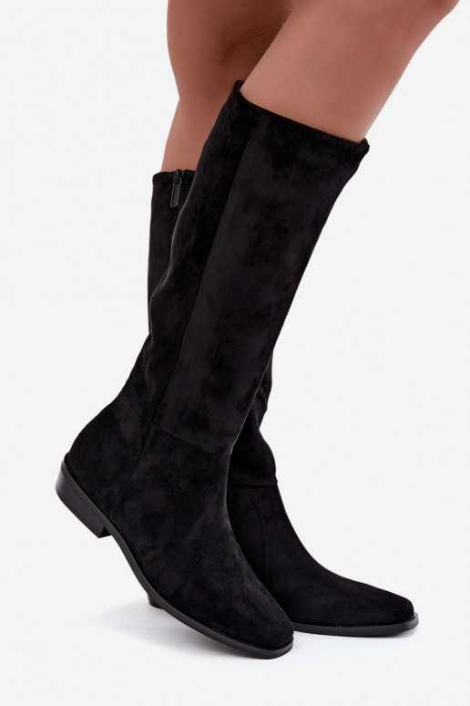 Damen kniehohe Stiefel mit niedrigem Absatz, gefüttert in schwarz Feretta