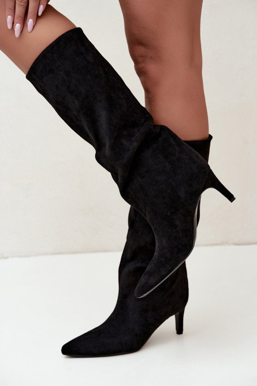 Damen kniehohe Stiefel zum Hineinschlüpfen, gefüttert mit dünnen Absätzen in schwarz Olivienne
