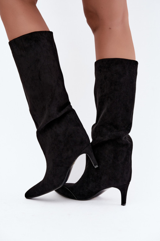 Damen kniehohe Stiefel zum Hineinschlüpfen, gefüttert mit dünnen Absätzen in schwarz Olivienne