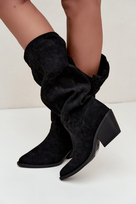 geknitterte Damen kniehohe Stiefel im Cowboy-Stil mit Riemen und Absätzen in schwarz Adria
