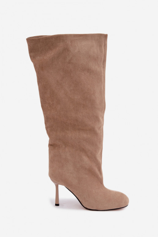 Damen kniehohe Stiefel zum Hineinschlüpfen mit dünnen Absätzen in Sand Caliya