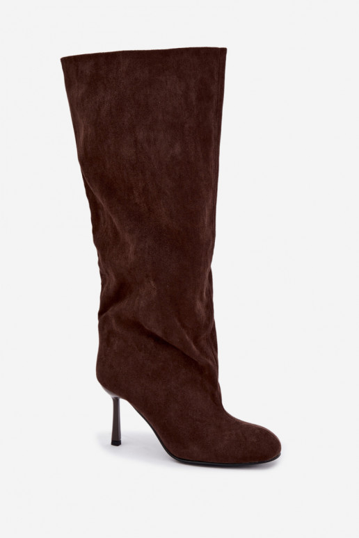 Damen kniehohe Stiefel zum Hineinschlüpfen mit dünnen Absätzen in CzekoladoĮe Caliya