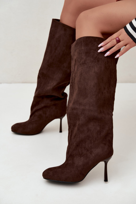 Damen kniehohe Stiefel zum Hineinschlüpfen mit dünnen Absätzen in CzekoladoĮe Caliya