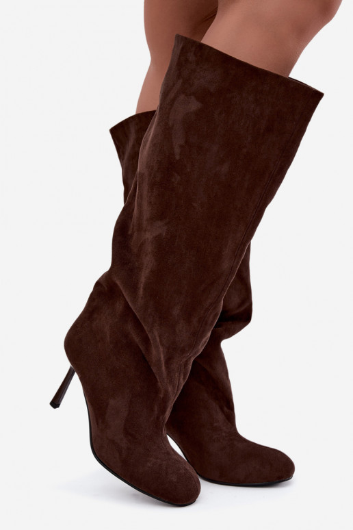 Damen kniehohe Stiefel zum Hineinschlüpfen mit dünnen Absätzen in CzekoladoĮe Caliya