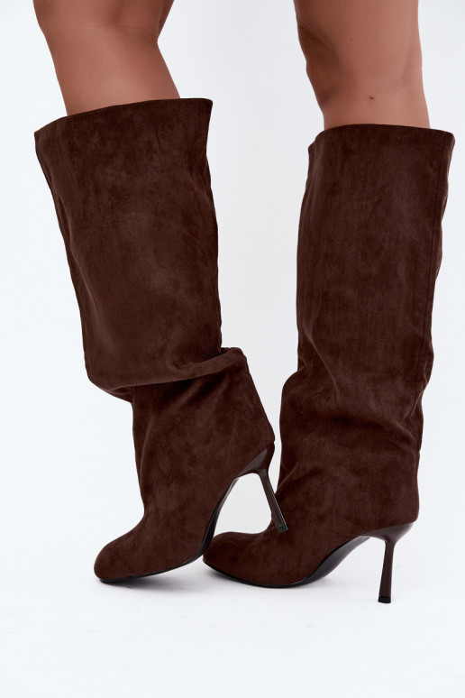 Damen kniehohe Stiefel zum Hineinschlüpfen mit dünnen Absätzen in CzekoladoĮe Caliya