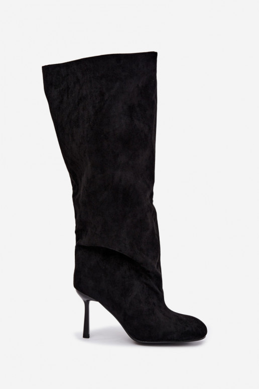 Damen kniehohe Stiefel zum Hineinschlüpfen mit dünnen Absätzen in schwarz Caliya
