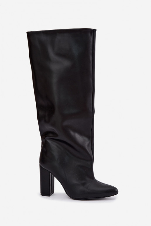 Damen kniehohe Stiefel zum Hineinschlüpfen mit Absätzen in schwarz Emeline