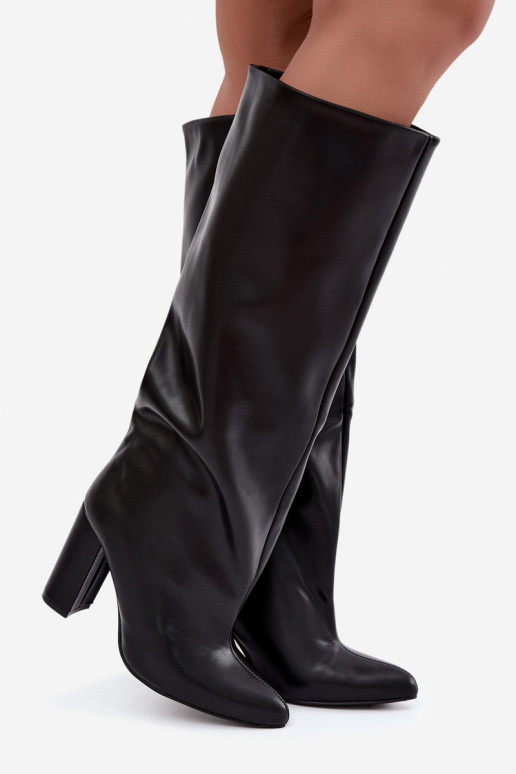 Damen kniehohe Stiefel zum Hineinschlüpfen mit Absätzen in schwarz Emeline