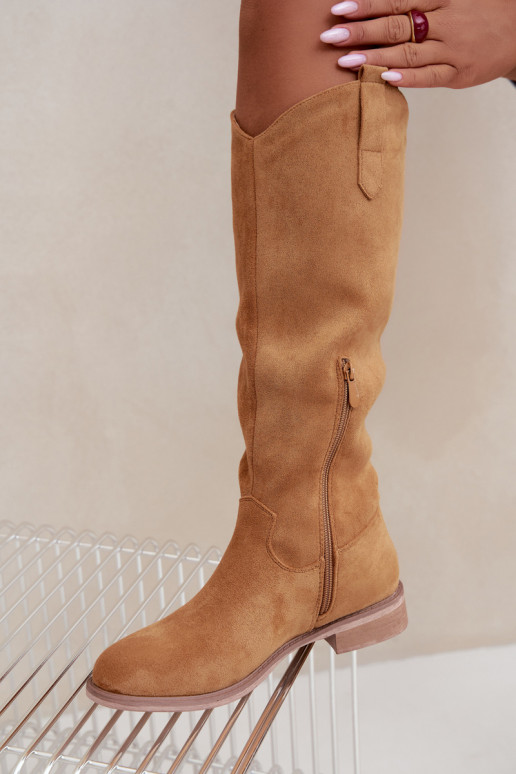 Damen kniehohe Stiefel mit breiten Absätzen in Braun Gilena