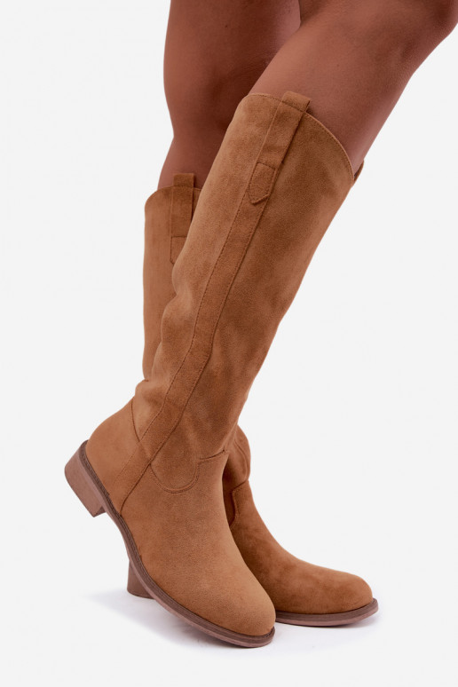 Damen kniehohe Stiefel mit breiten Absätzen in Braun Gilena