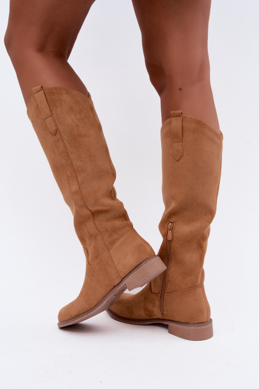 Damen kniehohe Stiefel mit breiten Absätzen in Braun Gilena