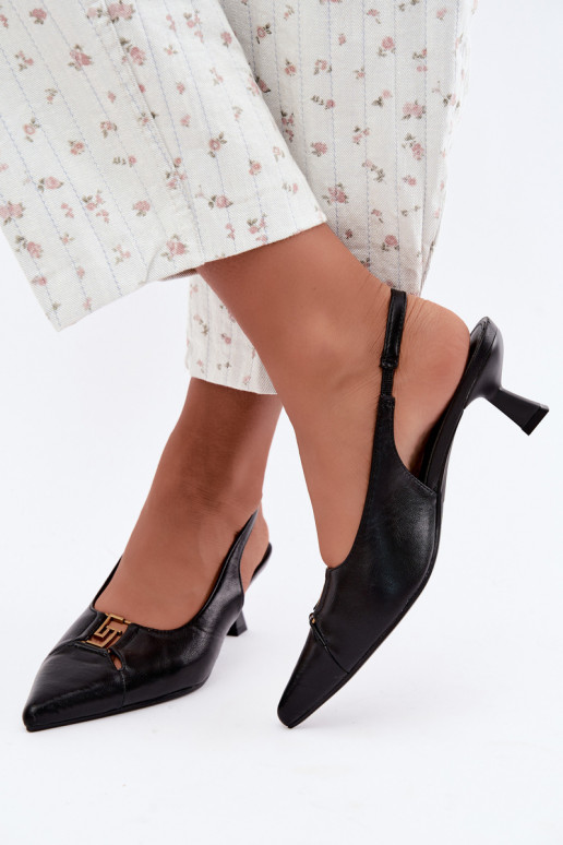 Absatzsandalen mit offenem Absatz und dekorativen Details aus schwarzem Kunstleder Gilly