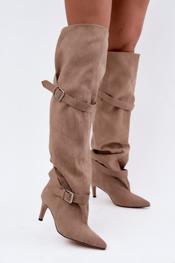 Über-Knie-Absatzstiefel mit Riemen und Schnallen in Sandfarbe Tai turibel