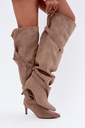 Über-Knie-Absatzstiefel mit Riemen und Schnallen in Sandfarbe Tai turibel 2
