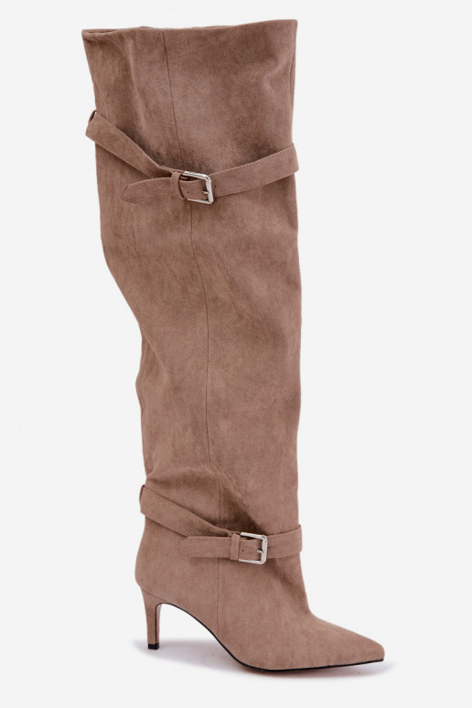 Über-Knie-Absatzstiefel mit Riemen und Schnallen in Sandfarbe Tai turibel