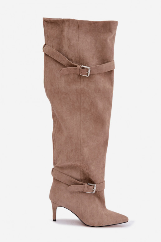 Über-Knie-Absatzstiefel mit Riemen und Schnallen in Sandfarbe Tai turibel