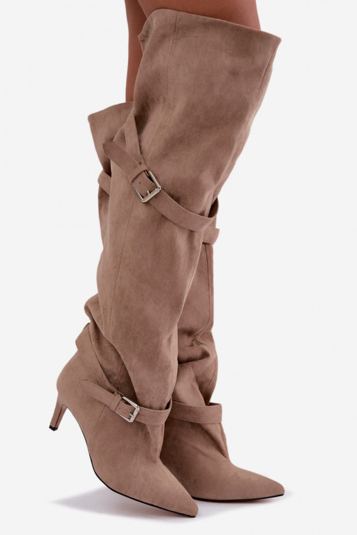 Über-Knie-Absatzstiefel mit Riemen und Schnallen in Sandfarbe Tai turibel
