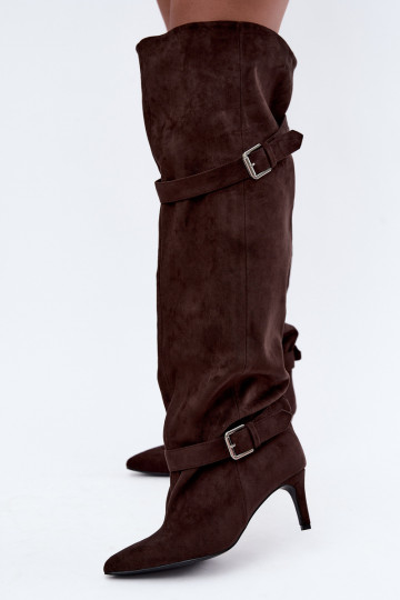 Über-Knie-Absatzstiefel mit Riemen und Schnallen in Schokoladenfarbe Tai turibel 2