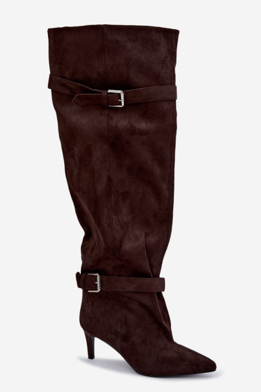 Über-Knie-Absatzstiefel mit Riemen und Schnallen in Schokoladenfarbe Tai turibel