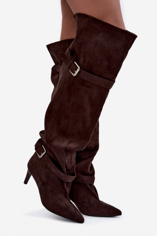 Über-Knie-Absatzstiefel mit Riemen und Schnallen in Schokoladenfarbe Tai turibel