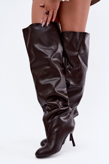 Damenstiefel bis zum Knie mit dünnen Absätzen in Schokoladenfarbe Galena 2
