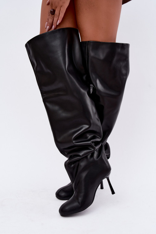 Damenstiefel bis zum Knie mit dünnen Absätzen in schwarzer Farbe Galena