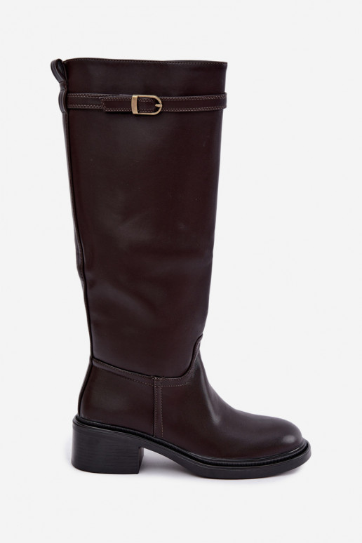 Damenstiefel mit niedrigem Absatz bis zum Knie mit Schnallen in Schokoladenfarbe Orlisa