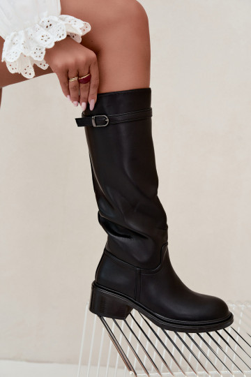 Damenstiefel mit niedrigem Absatz bis zum Knie mit Schnallen in schwarzer Farbe Orlisa 2