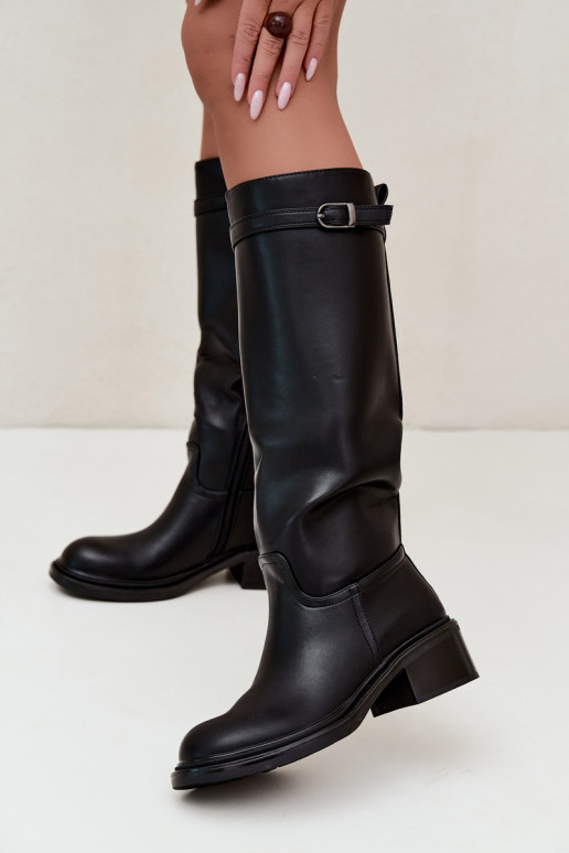 Damenstiefel mit niedrigem Absatz bis zum Knie mit Schnallen in schwarzer Farbe Orlisa