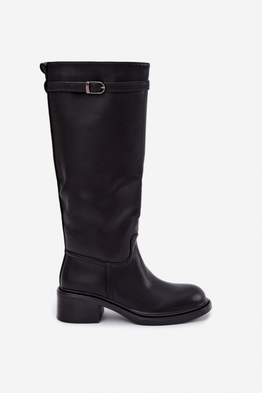 Damenstiefel mit niedrigem Absatz bis zum Knie mit Schnallen in schwarzer Farbe Orlisa