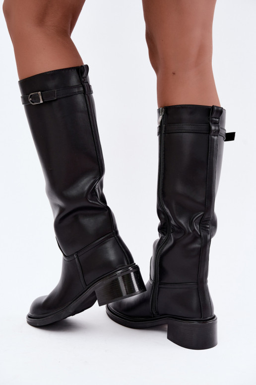 Damenstiefel mit niedrigem Absatz bis zum Knie mit Schnallen in schwarzer Farbe Orlisa