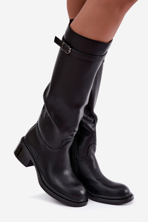 Damenstiefel mit niedrigem Absatz bis zum Knie mit Schnallen in schwarzer Farbe Orlisa