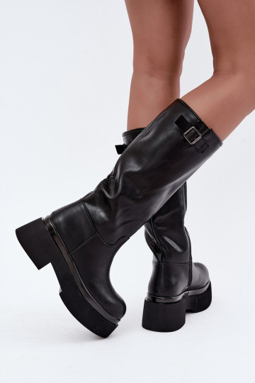Damenstiefel bis zum Knie mit Plattform und Schnallen in schwarzer Farbe Fenley 2