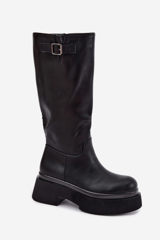 Damenstiefel bis zum Knie mit Plattform und Schnallen in schwarzer Farbe Fenley