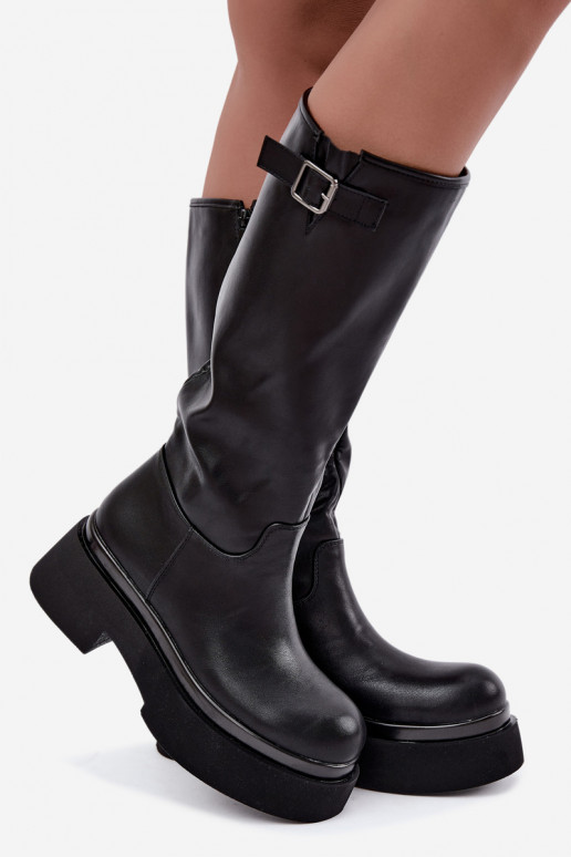 Damenstiefel bis zum Knie mit Plattform und Schnallen in schwarzer Farbe Fenley