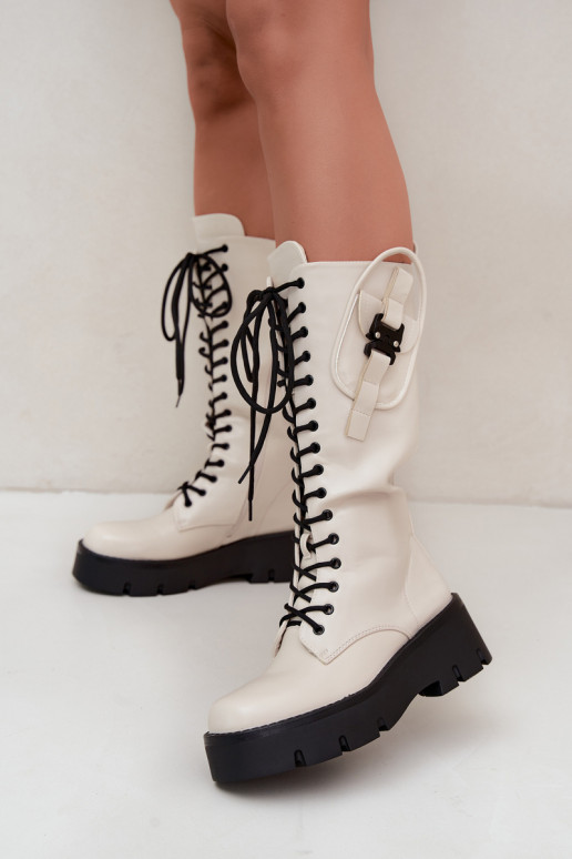 gefütterte Damenstiefel bis zum Knie mit Schnürsenkeln und Plattform in Sandfarbe Galvia