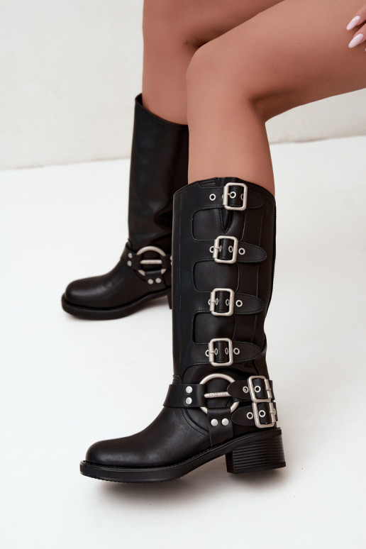 Big Star schwarze lange Lederstiefel mit flachem Absatz und Schnallen
