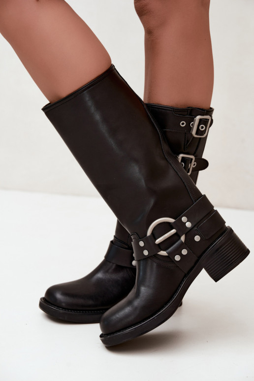 Big Star schwarze lange Lederstiefel mit flachem Absatz und Schnallen