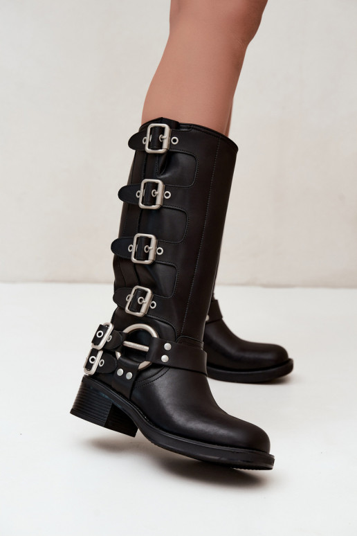 Big Star schwarze lange Lederstiefel mit flachem Absatz und Schnallen