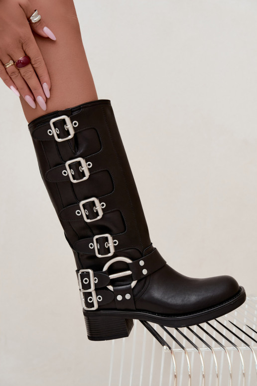 Big Star schwarze lange Lederstiefel mit flachem Absatz und Schnallen