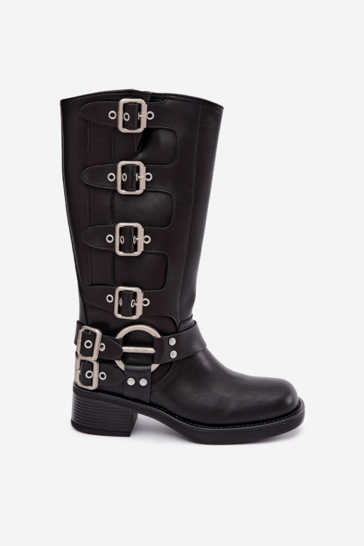 Big Star schwarze lange Lederstiefel mit flachem Absatz und Schnallen