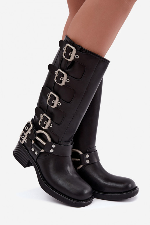 Big Star schwarze lange Lederstiefel mit flachem Absatz und Schnallen