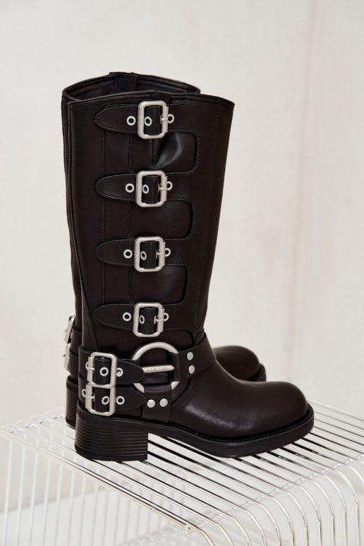 Big Star schwarze lange Lederstiefel mit flachem Absatz und Schnallen