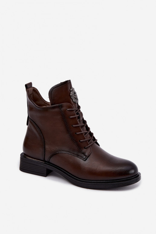 Leonise gefütterte schokoladenbraune Stiefeletten mit breiten Absätzen und Ornamenten