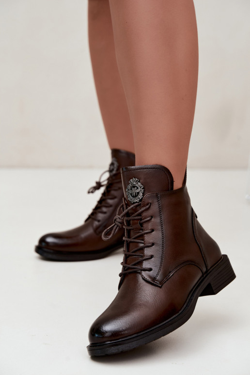 Leonise gefütterte schokoladenbraune Stiefeletten mit breiten Absätzen und Ornamenten