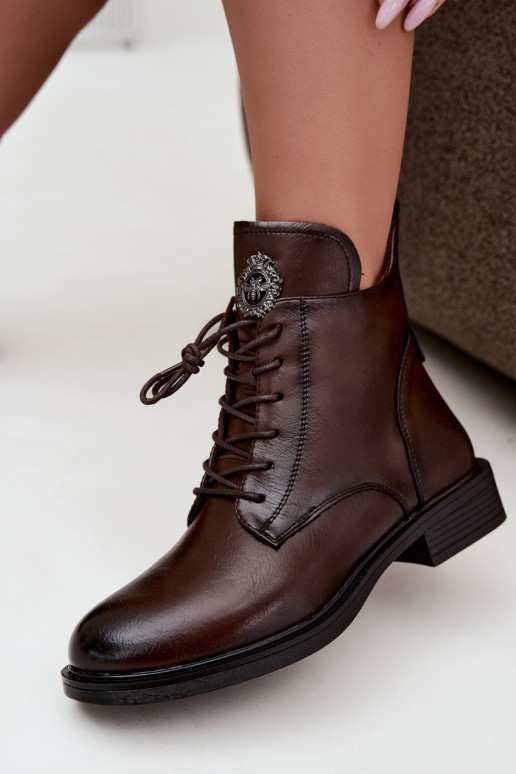 Leonise gefütterte schokoladenbraune Stiefeletten mit breiten Absätzen und Ornamenten