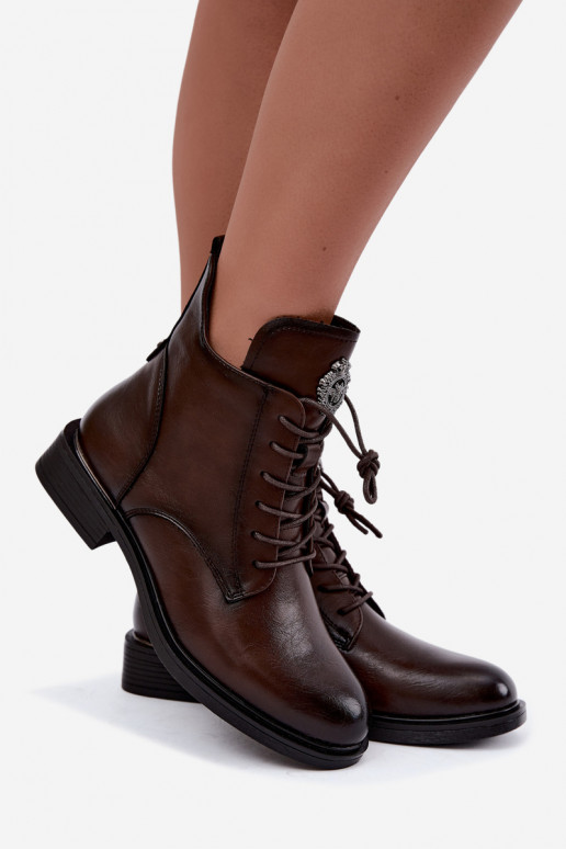 Leonise gefütterte schokoladenbraune Stiefeletten mit breiten Absätzen und Ornamenten